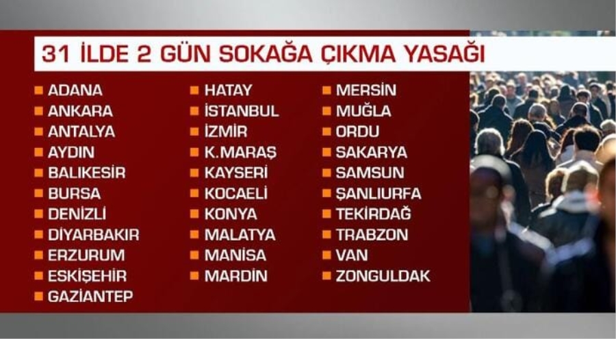 30 Büyükşehir ve Zonguldak’ta 2 günlük sokağa çıkma yasağı ilan edildi